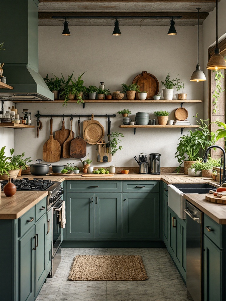Eco-friendly kitchen with energy-efficient appliances, reclaimed materials, and a small herb garden.