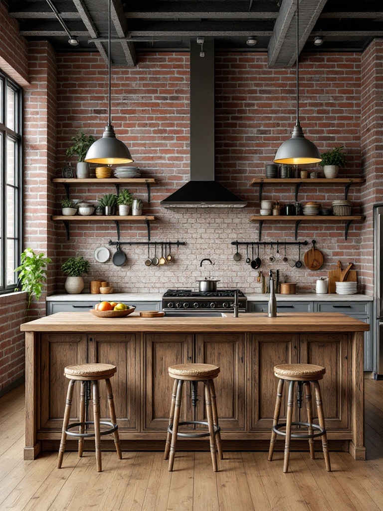 Industrial kitchen featuring exposed brick walls, stainless steel appliances, and reclaimed wood accents.