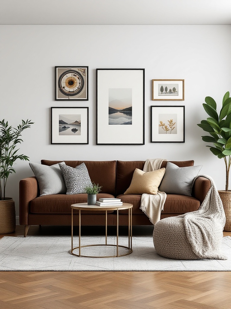 Cozy living room with a sectional sofa and an eye-catching gallery wall adding character and warmth.