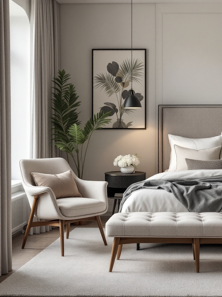 A stylish bedroom with accent furniture, including a chair, side table, and chic bench.