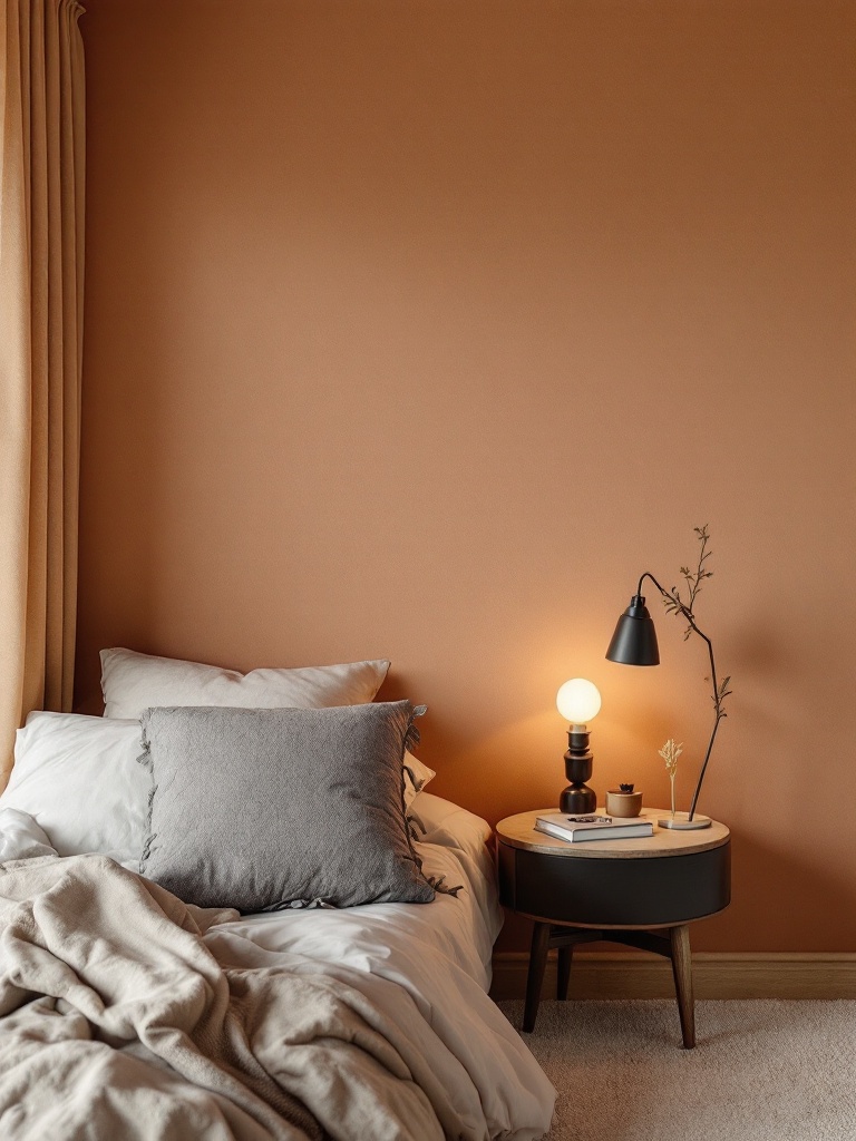 A cozy bedroom with a warm accent wall featuring rich colors and inviting wallpaper patterns.