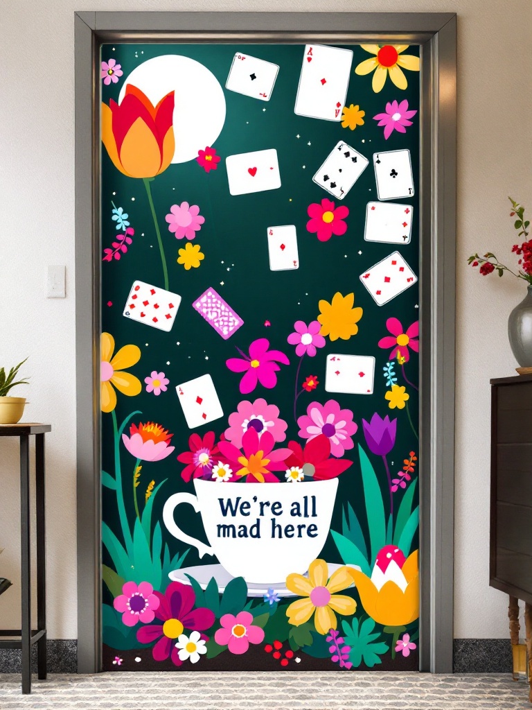 Door decor inspired by Wonderland with cards, flowers, and a teacup quoting 