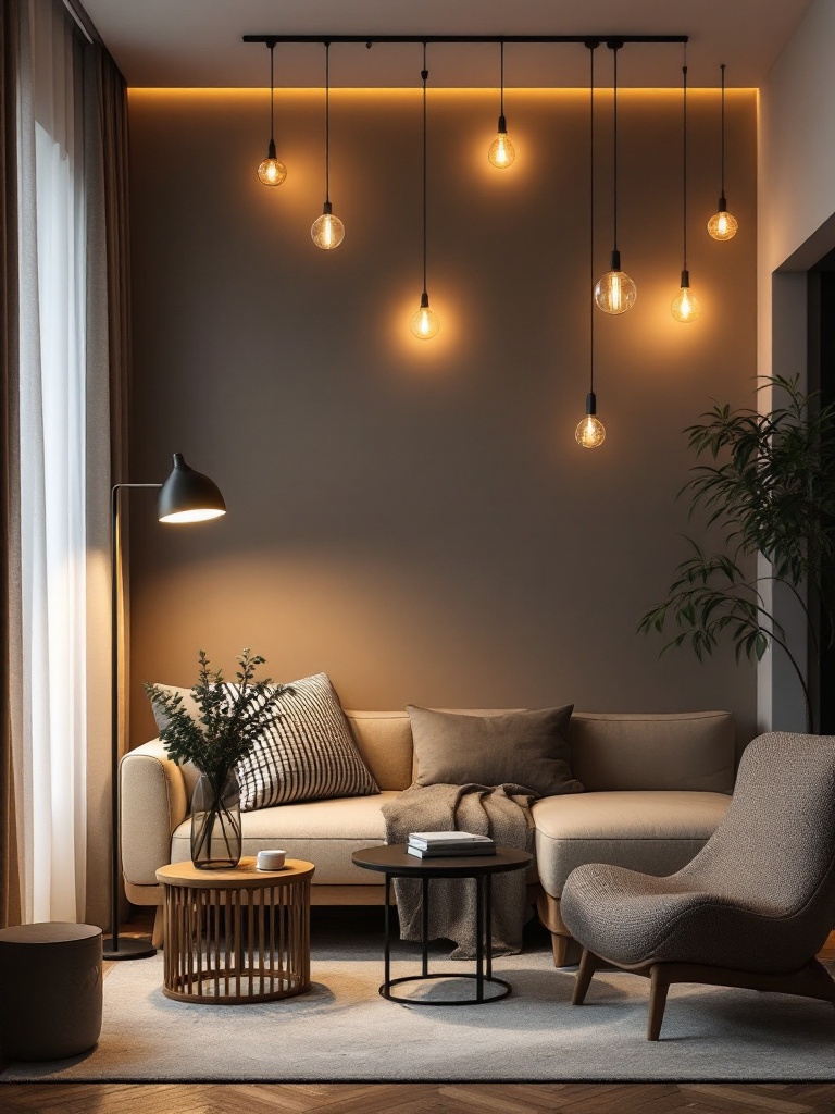 Cozy apartment ambiance with floor lamps, string lights, and pendant fixtures creating a warm atmosphere.