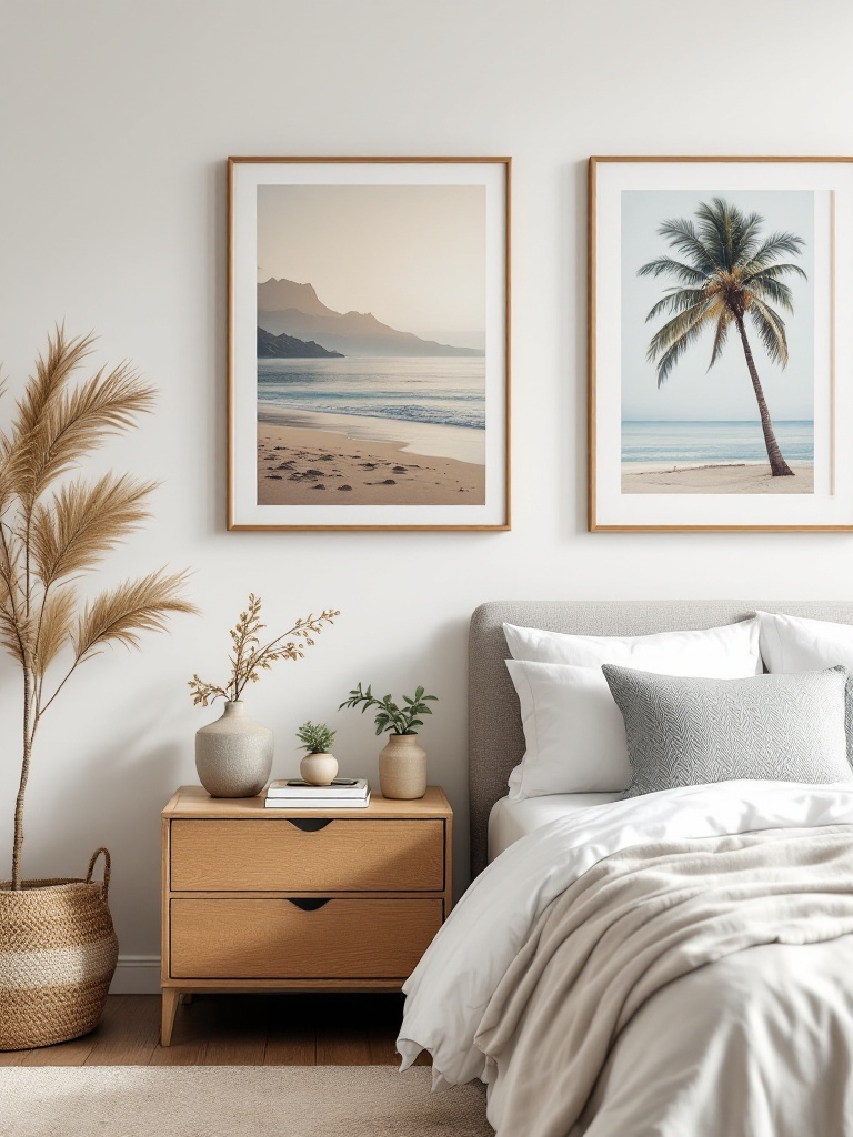 Framed beach-themed artwork featuring seascapes and palm trees enhances a coastal-inspired bedroom.
