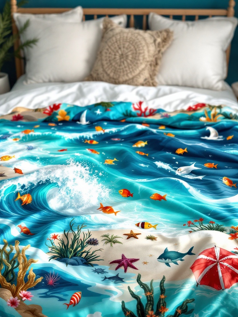 Beach-themed bedspread with ocean designs, layered with neutral pillows for a harmonious decor look.