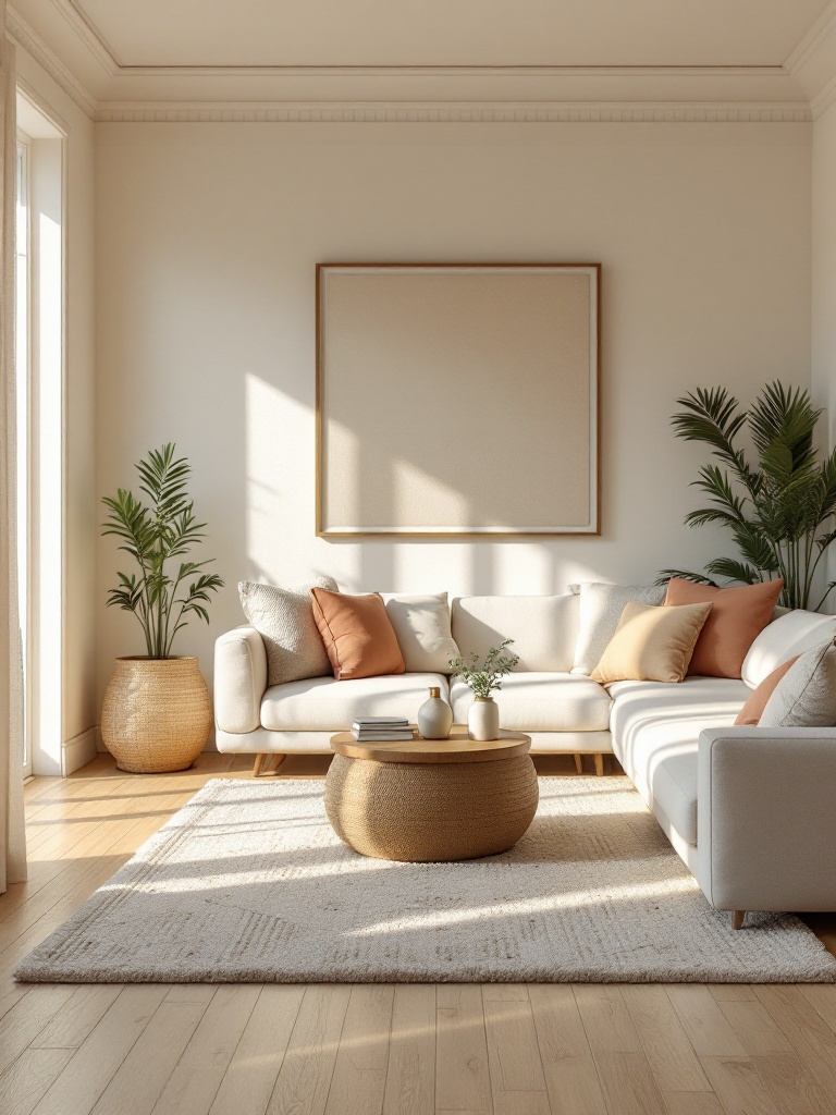 Sandy-colored wood flooring and a chic rug create a warm, inviting beach-themed room atmosphere.