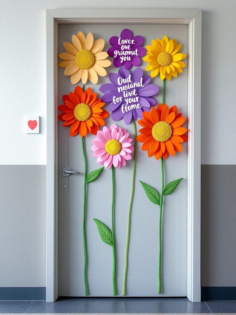 Colorful flower shapes with inspirational words attached to a green stem on a door, uplifting students.