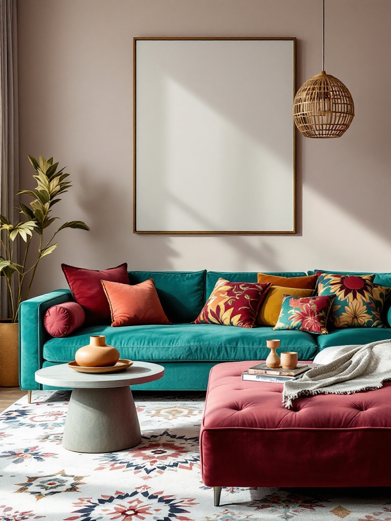 Colorful sectional sofa in jewel tones, paired with neutral decor for a stylish, cozy living room.