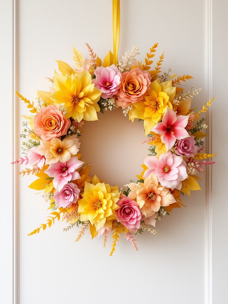 Monochromatic wreath in shades of yellow and pink, showcasing elegance and versatility in home decor.