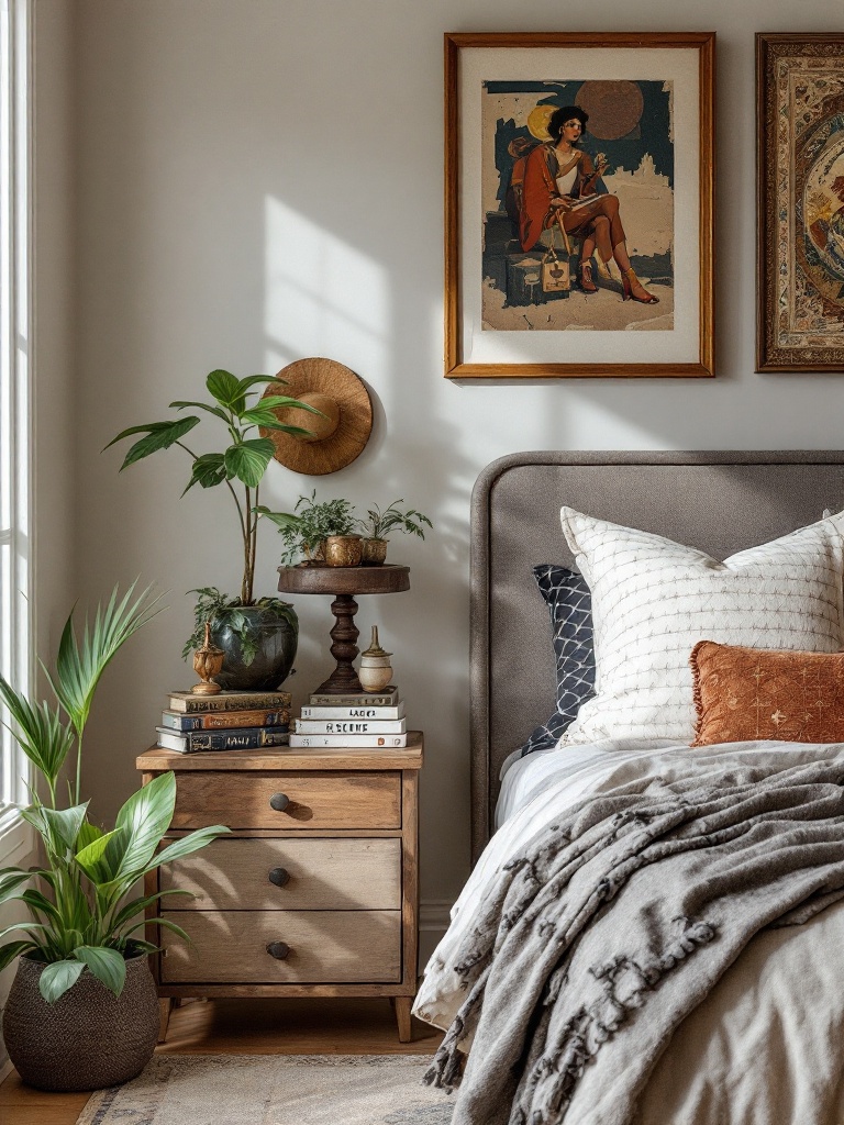 A stylish bedroom featuring curated travel artifacts and family heirlooms for a unique cultural vibe.