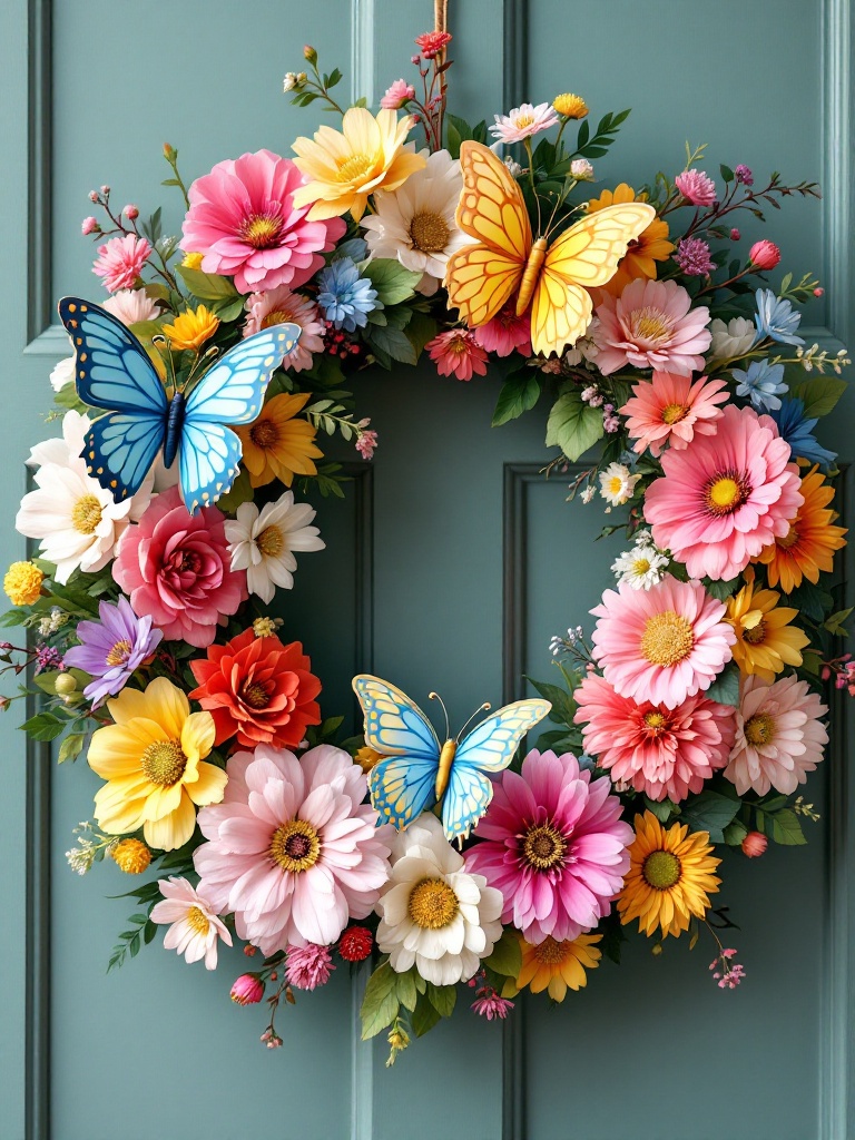 Floral wreath with butterflies and blooming flowers, perfect for spring decor, durable for outdoor use.