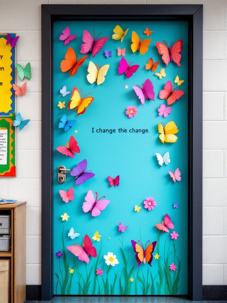 Colorful construction paper butterflies on a classroom door, symbolizing joy, growth, and transformation.
