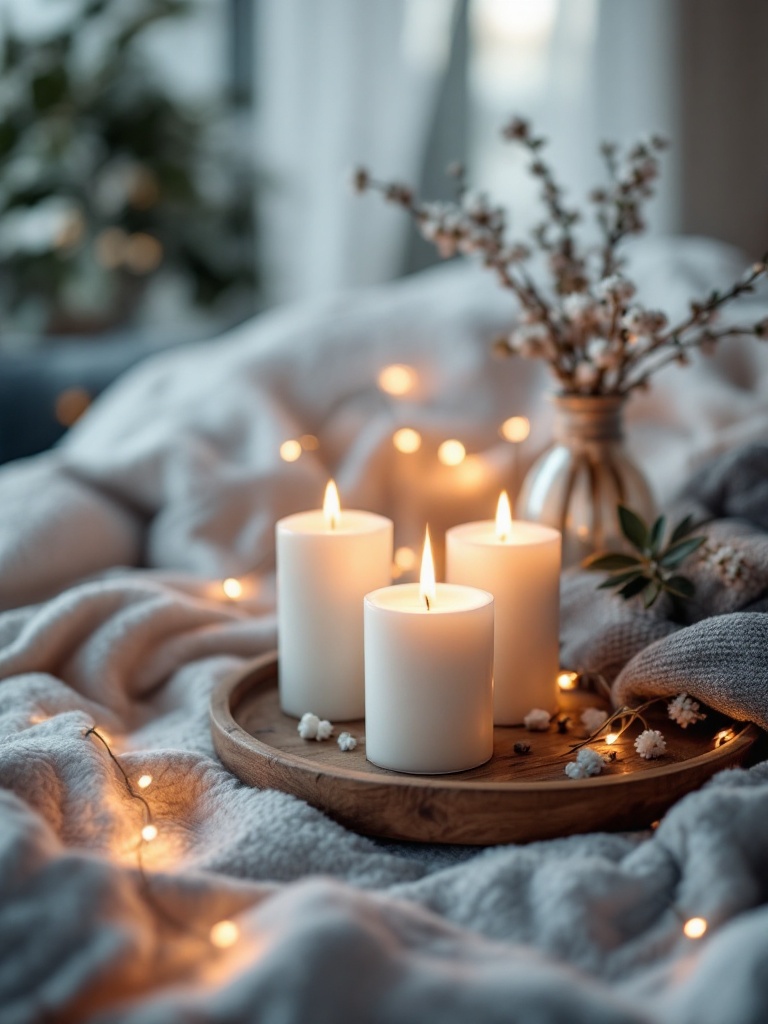 Cozy spring evening setup with scented candles, soft lighting, and fairy lights creating a warm ambiance.