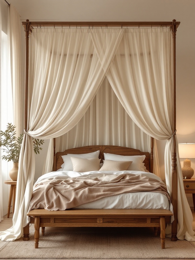 Cozy bedroom with a canopy bed, soft drapes, and rustic wooden framing for warmth and intimacy.