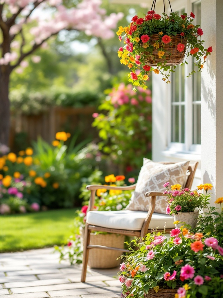 Charming garden accents like wind chimes and statues enhance outdoor spaces for a joyful spring experience.