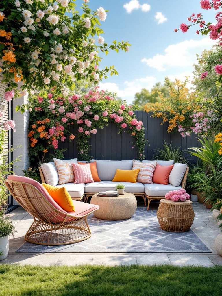 Charming outdoor seating area with colorful cushions, hammocks, and lounge chairs celebrating spring.