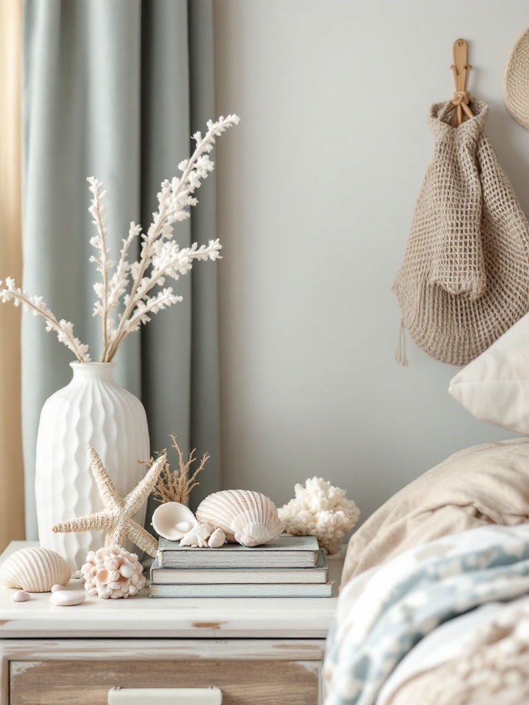 Coastal-inspired bedroom decor with seashells, starfish, and coral displayed on a nightstand.