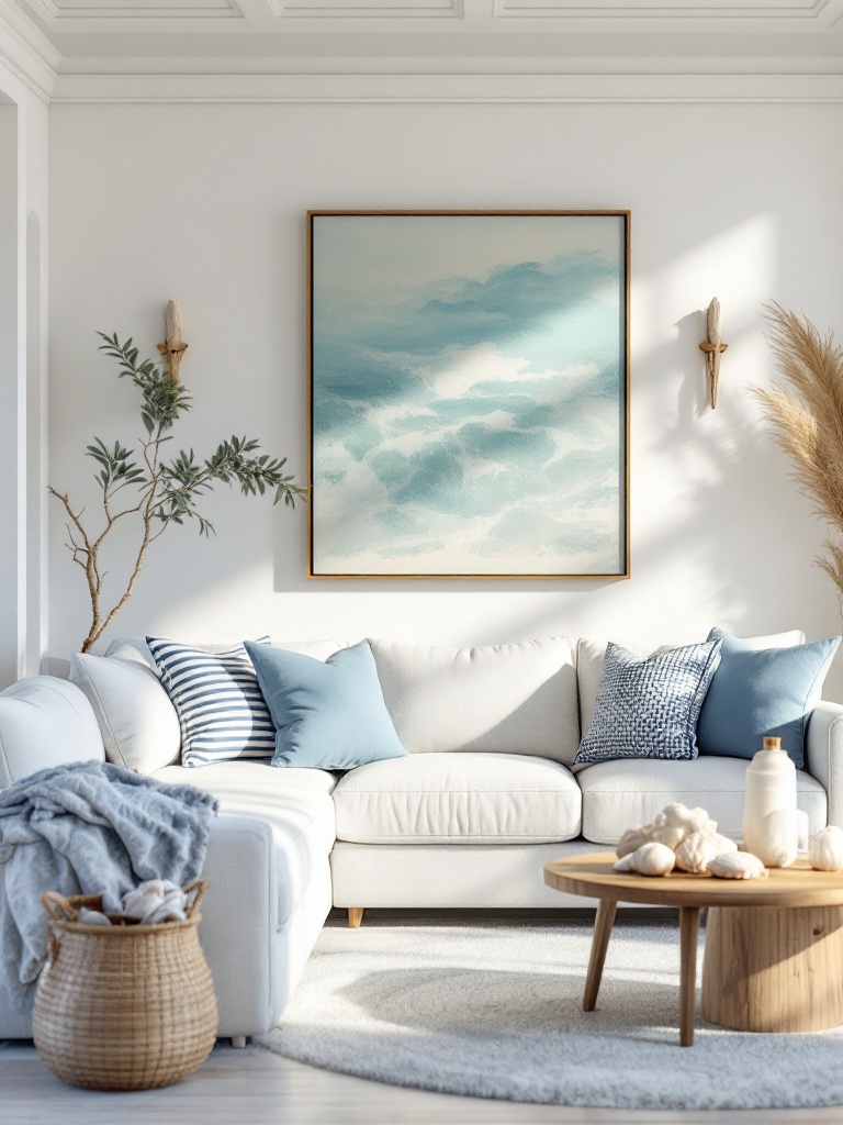 Coastal-inspired living room with light sectional, nautical decor, seashells, and ocean-colored pillows.