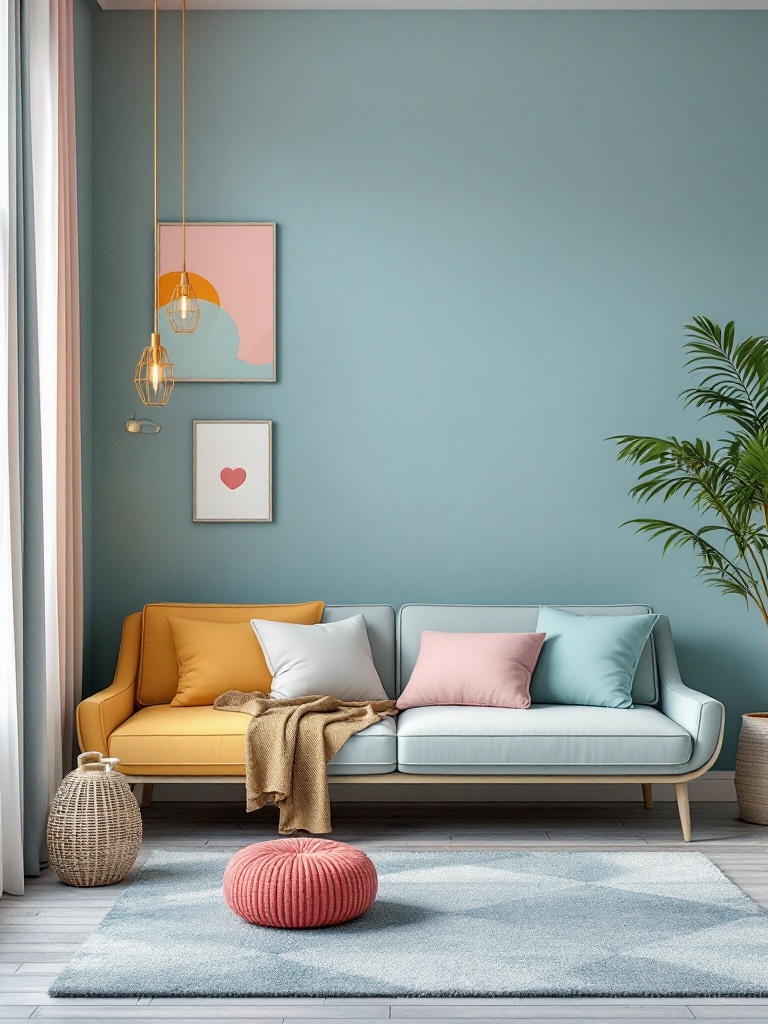 Colorful home decor accents like cushions and art bring energy and creativity to apartment interiors.