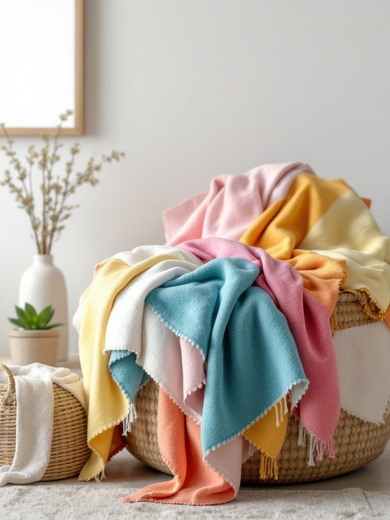 Colorful throw blankets on furniture and in baskets, adding comfort and style to spring decor.