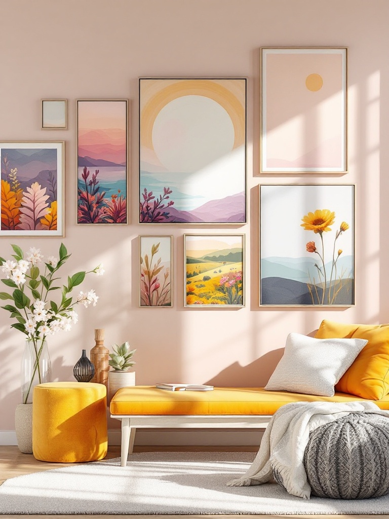 Colorful spring wall art, including landscapes and abstracts, enhances room mood and decor vibrancy.