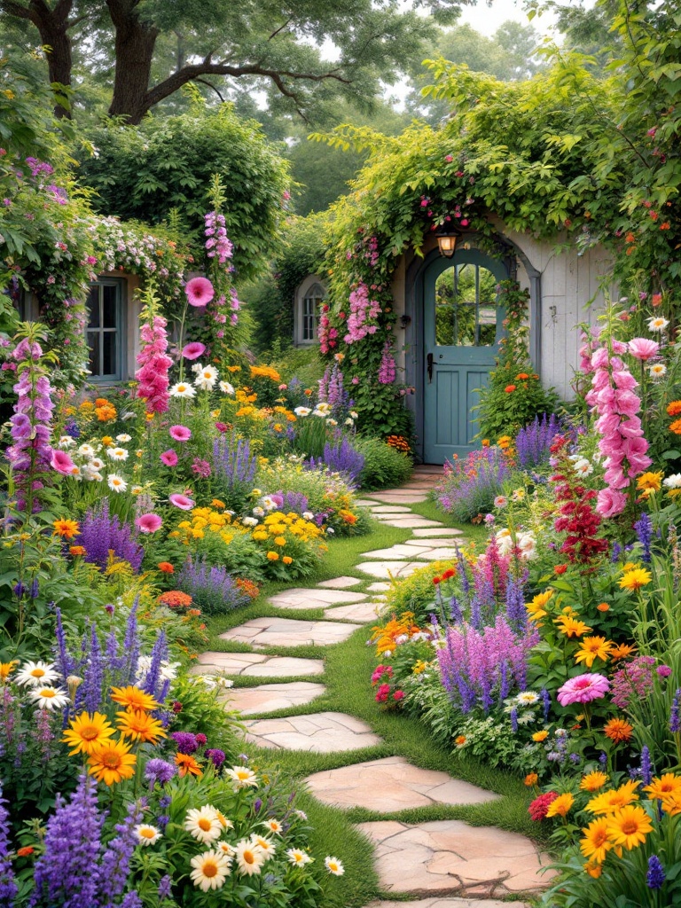 Cottage garden with colorful flowers, herbs, winding paths, and rustic fences attracting pollinators.