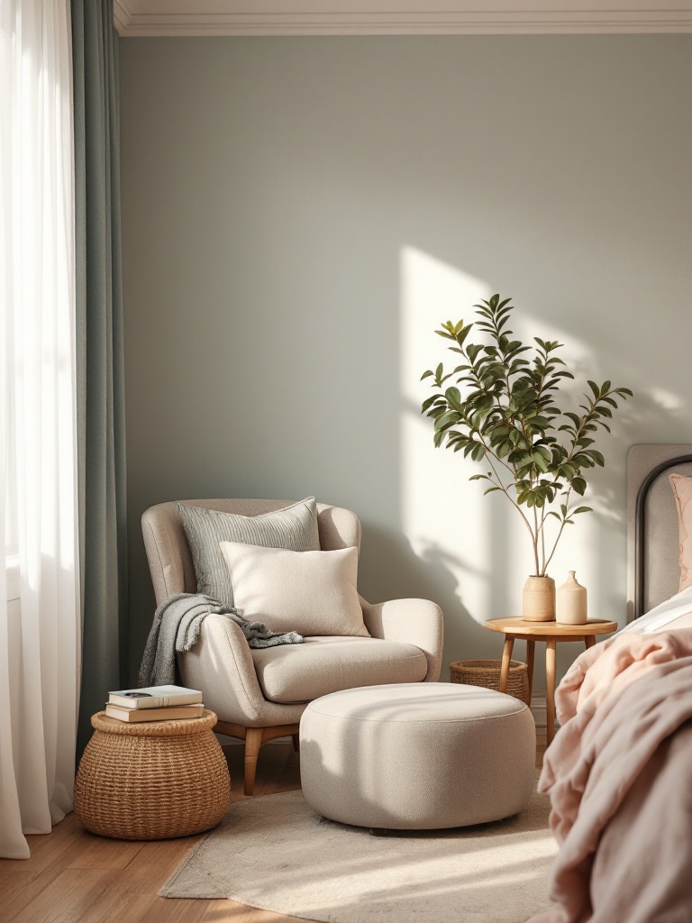 Cozy bedroom nook with a chair, ottoman, side table, cushions, and a blanket for relaxing and reading.