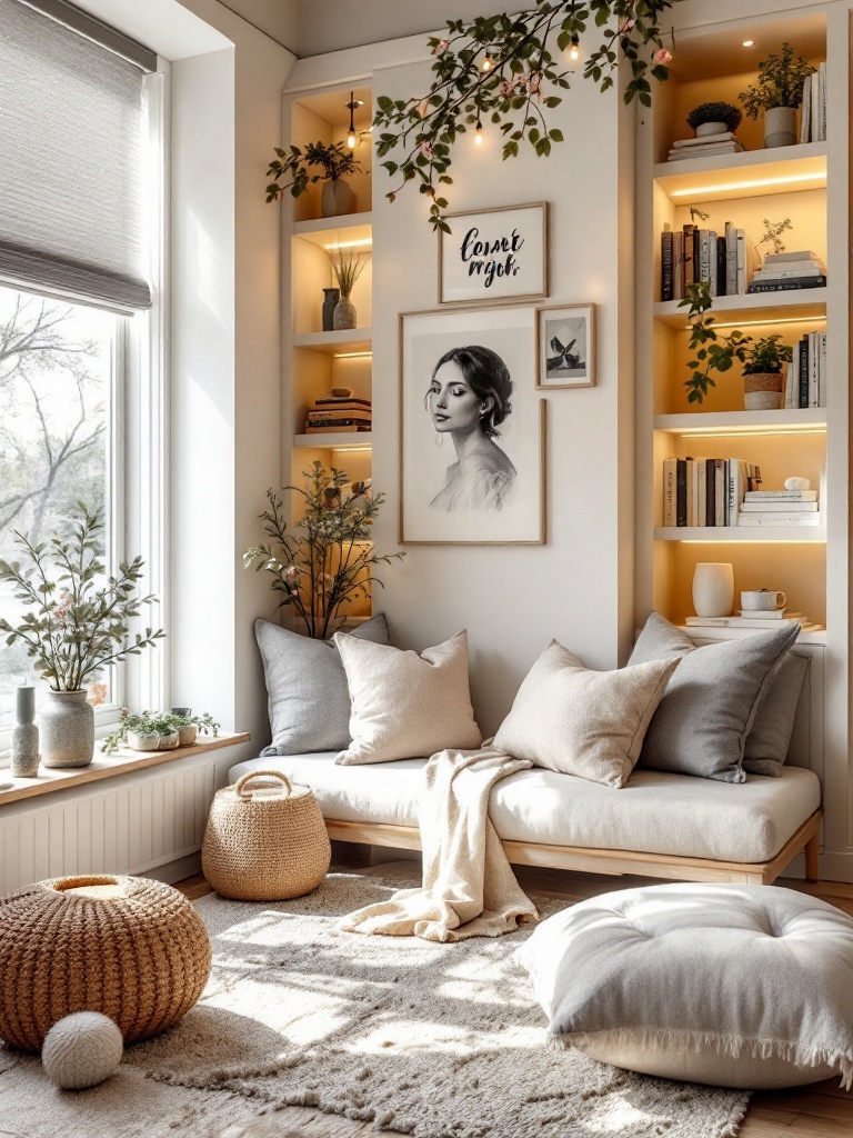 Cozy reading nook with cushions, bookshelves, and soft lighting for relaxation and tranquility at home.