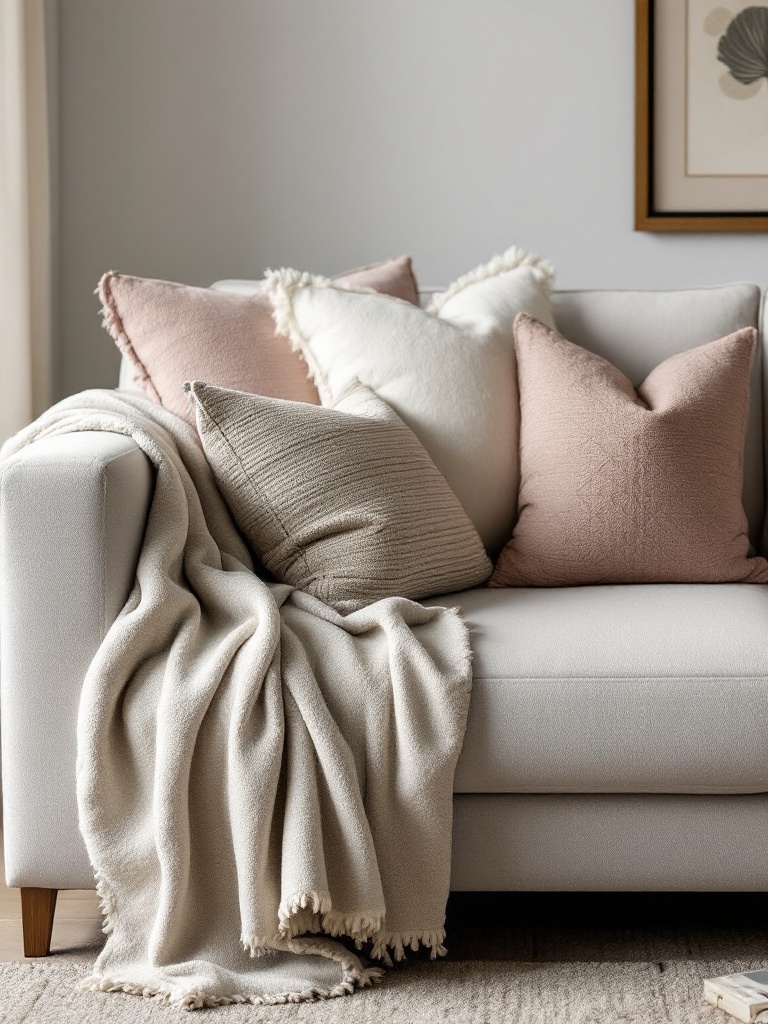 Cozy sectional adorned with diverse pillows and a soft throw blanket for a comfortable living space.