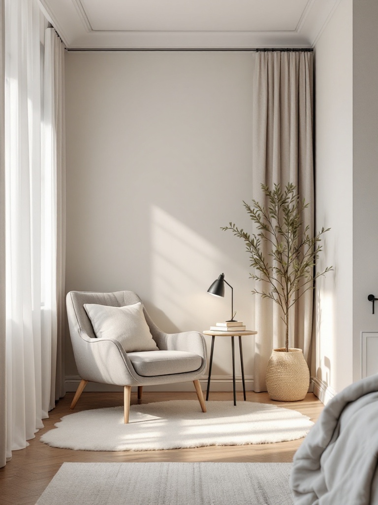 Cozy bedroom reading nook with a chair, side table, and soft lighting for relaxation and mindfulness.