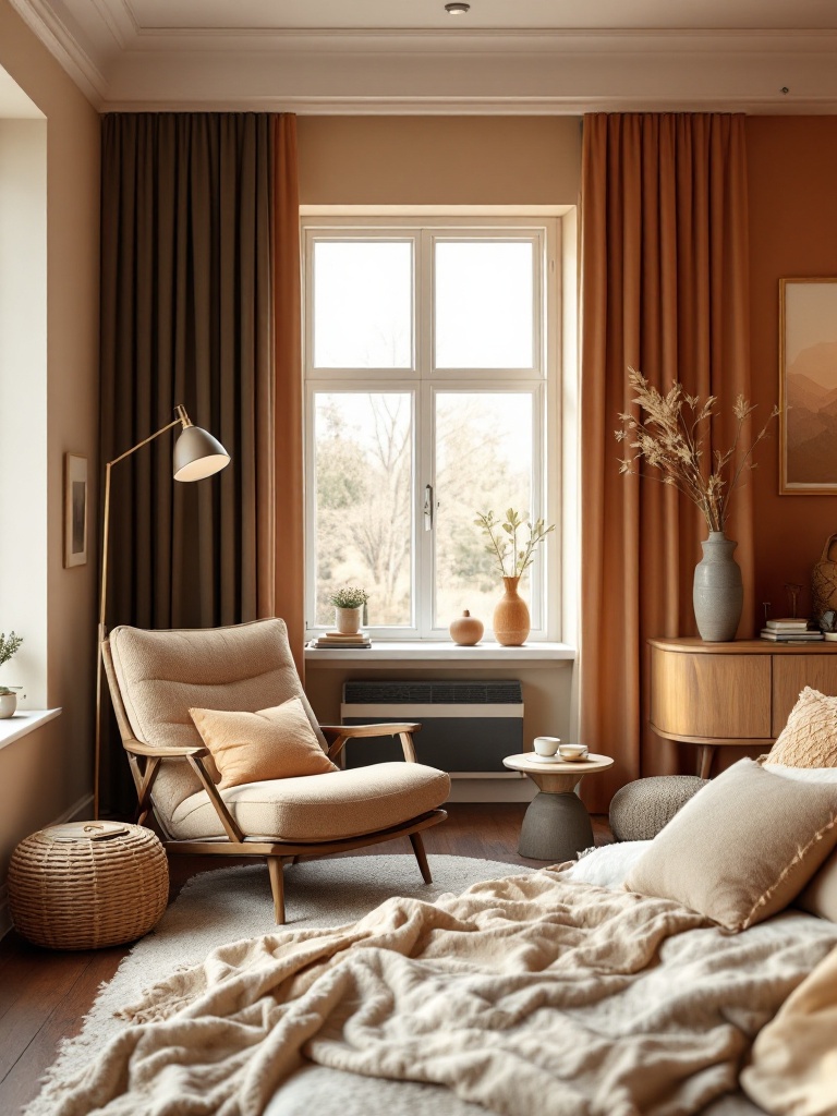 Cozy bedroom seating area with a plush chair and warm colors, perfect for reading and relaxation.