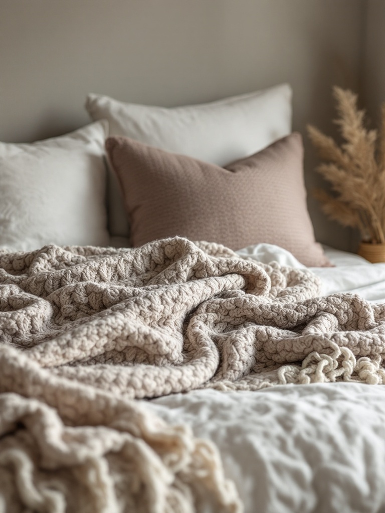 Cozy bedroom with fluffy throws, plush rugs, and soft pillows in natural fibers like wool and cotton.