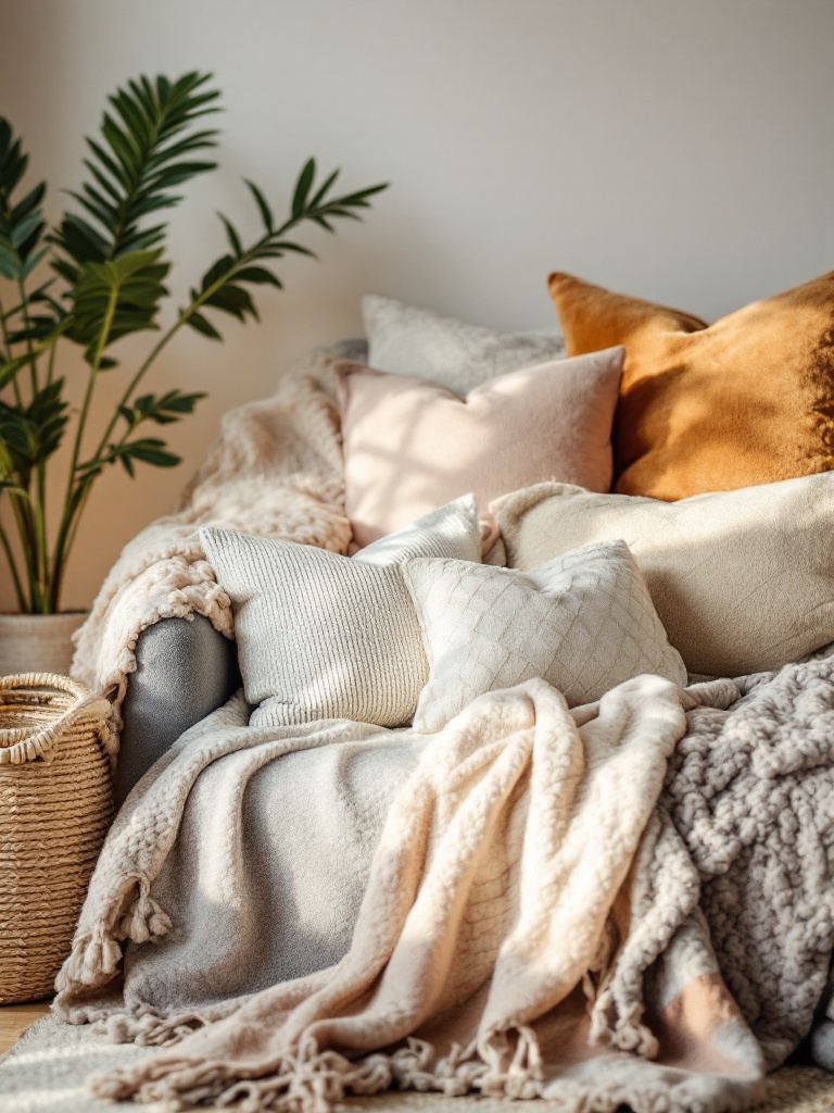Cozy apartment decor with plush throw blankets, decorative pillows, and textured area rugs in warm hues.