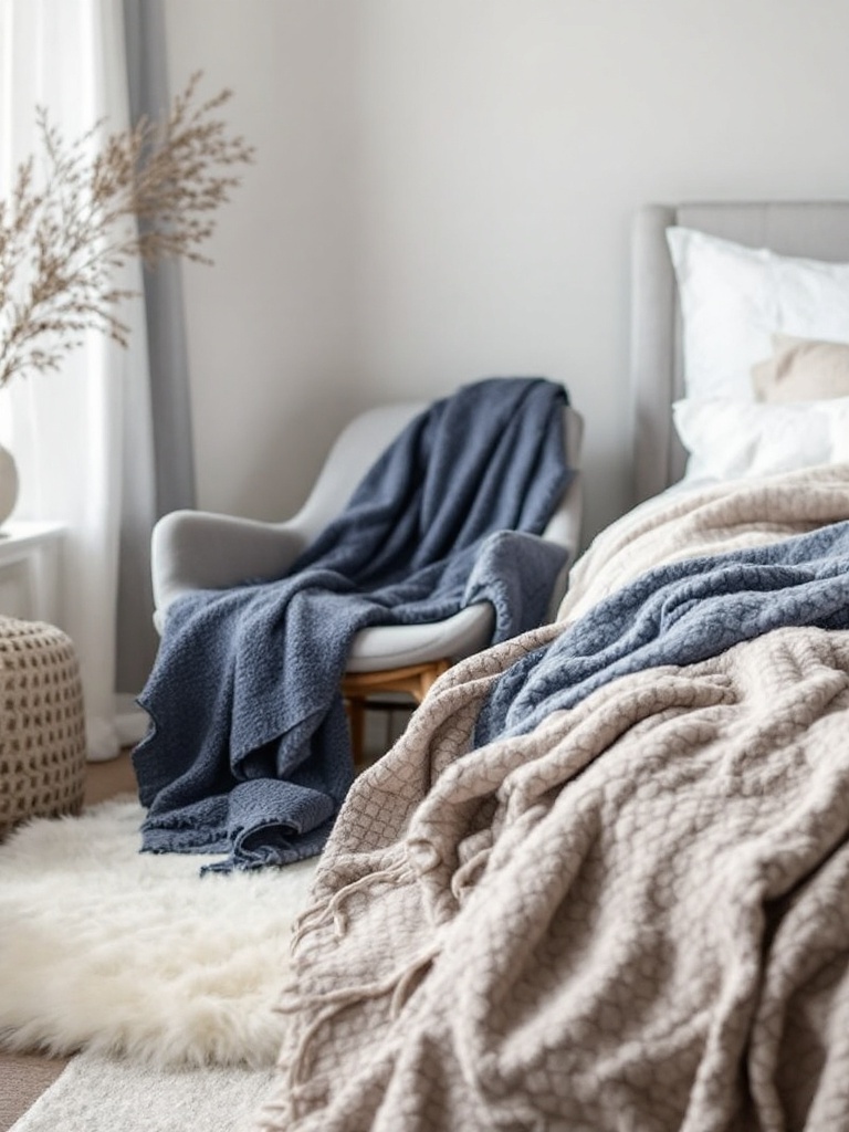 Cozy throws draped over a chair and bed, adding warmth, comfort, and style to the bedroom decor.
