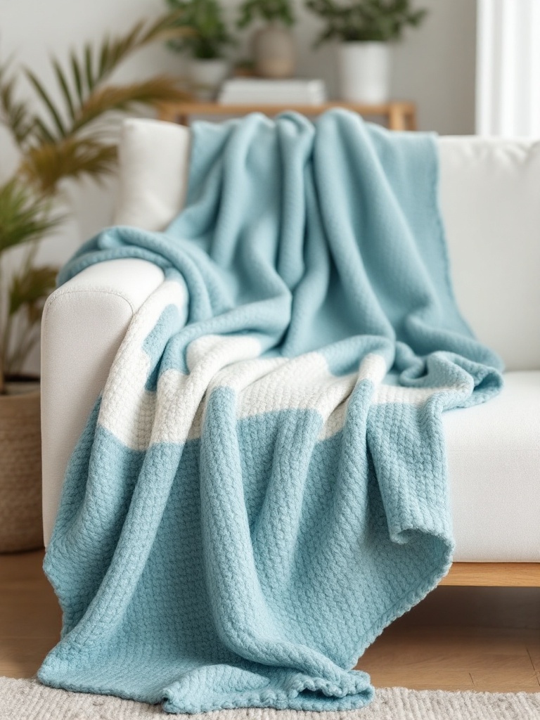 Cozy lightweight throws in cheerful colors enhance a warm spring atmosphere, draped over sofas and chairs.