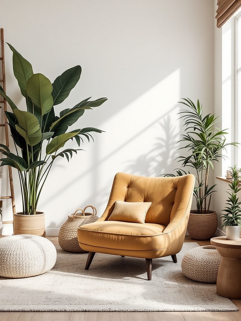 A cozy room corner with an oversized plant and a decorative ladder, enhancing visual interest and design.