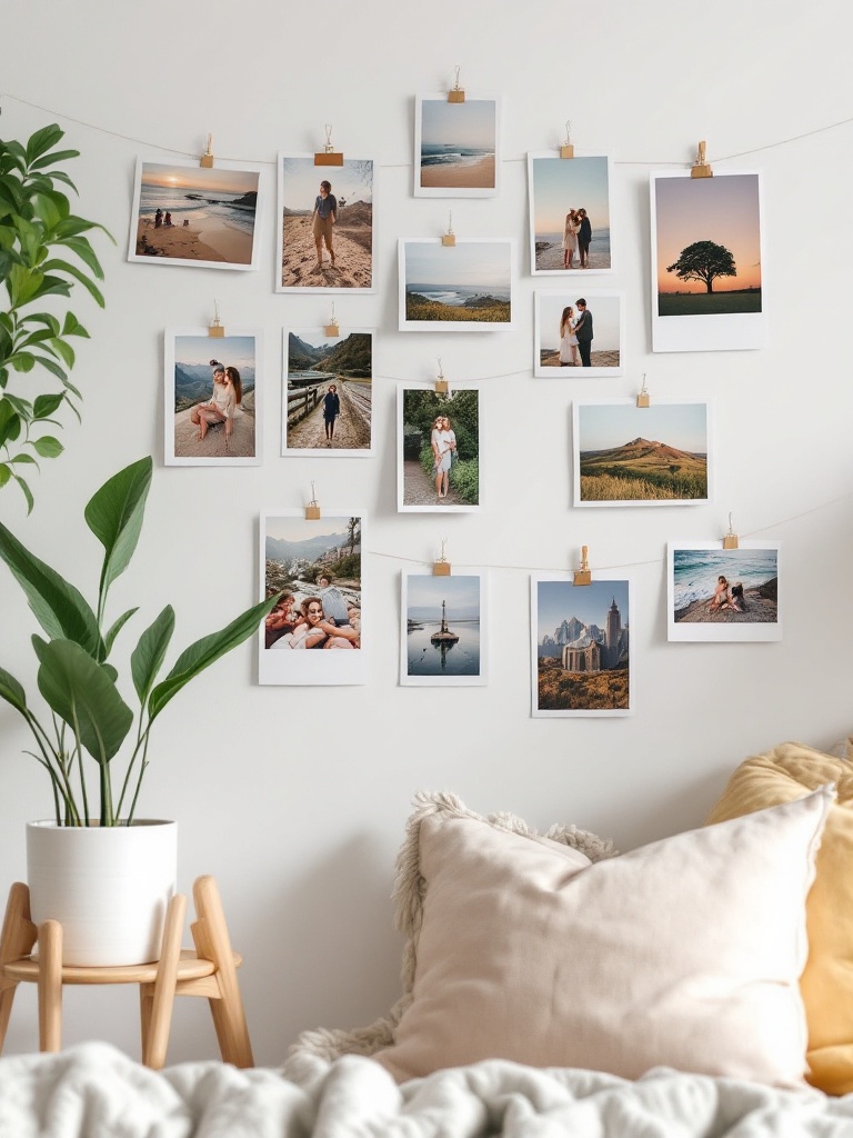 Creative photo display ideas for personalizing apartment decor with clips, wire, and unique holders.