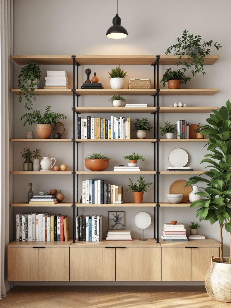 Creative shelving in an apartment designed with books, plants, and decor for enhanced aesthetics.