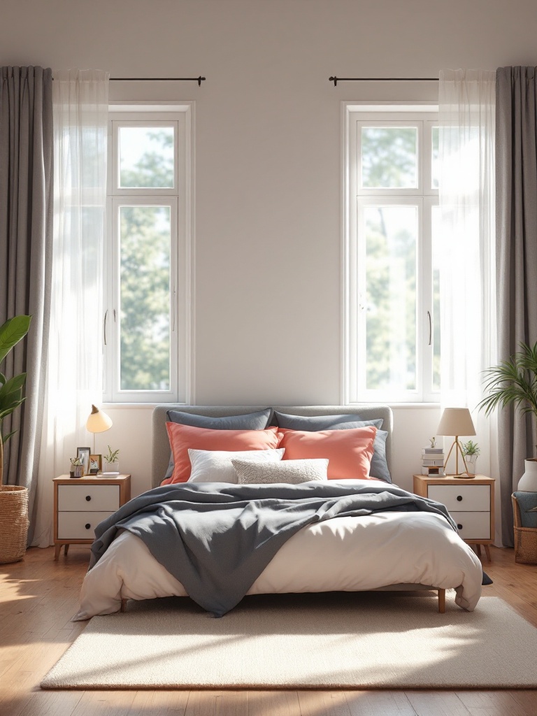 A serene, decluttered bedroom promoting relaxation and mental clarity through organized belongings.