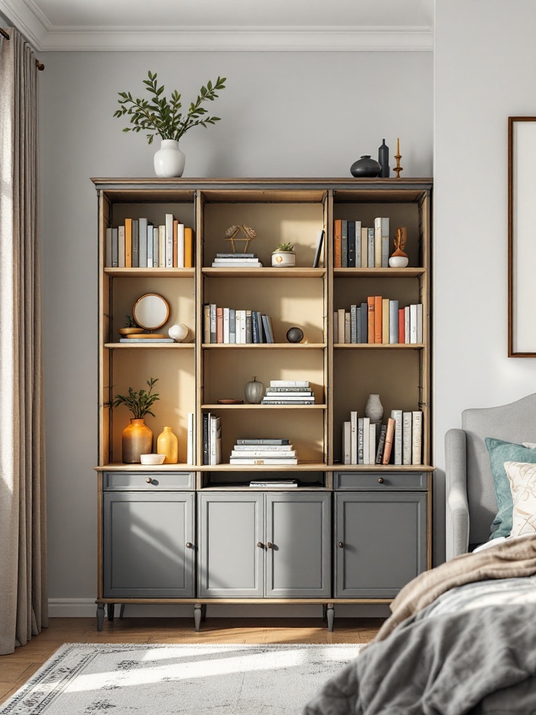 A warm-toned decorative bookcase filled with books and personal items, enhancing a cozy bedroom atmosphere.
