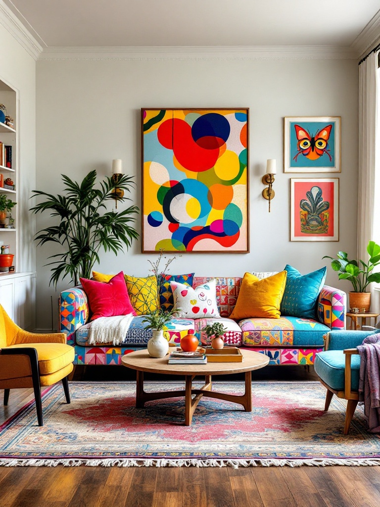 Eclectic living room with colorful sectional, playful patterns, vintage rugs, art, and mismatched chairs.