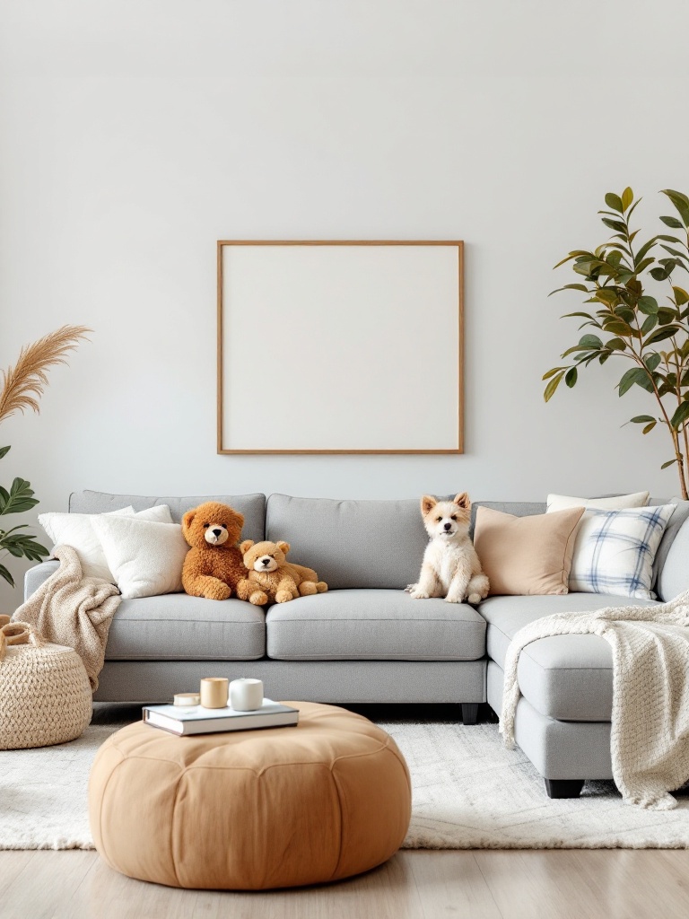 A cozy family-friendly sectional living room with stain-resistant fabric, oversized pillows, and soft textures.