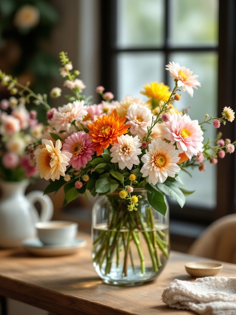 Brightly arranged seasonal flowers in vases, adding color and fragrance to a lively spring atmosphere.