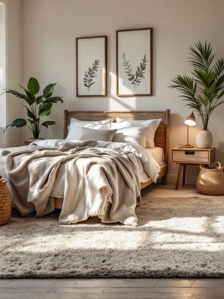 Cozy bedroom with a new rug under the bed, enhancing warmth and style for a comfortable space.