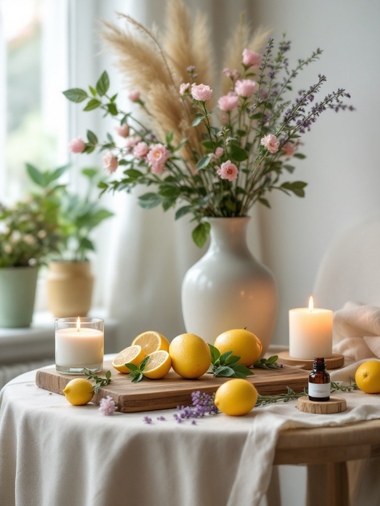 A cozy home decor scene with candles, diffusers, and fresh herbs enhancing a serene spring ambiance.