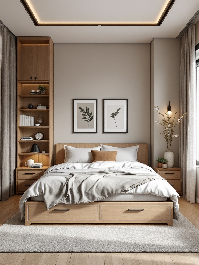 Cozy bedroom with functional furniture featuring soft finishes, rounded edges, and warm wooden storage.