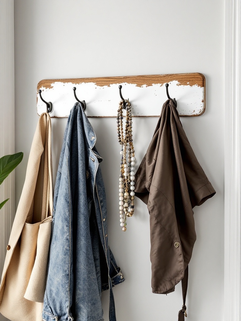 Stylish wall hooks add functionality and decor, helping declutter and enhance an apartment's aesthetic.