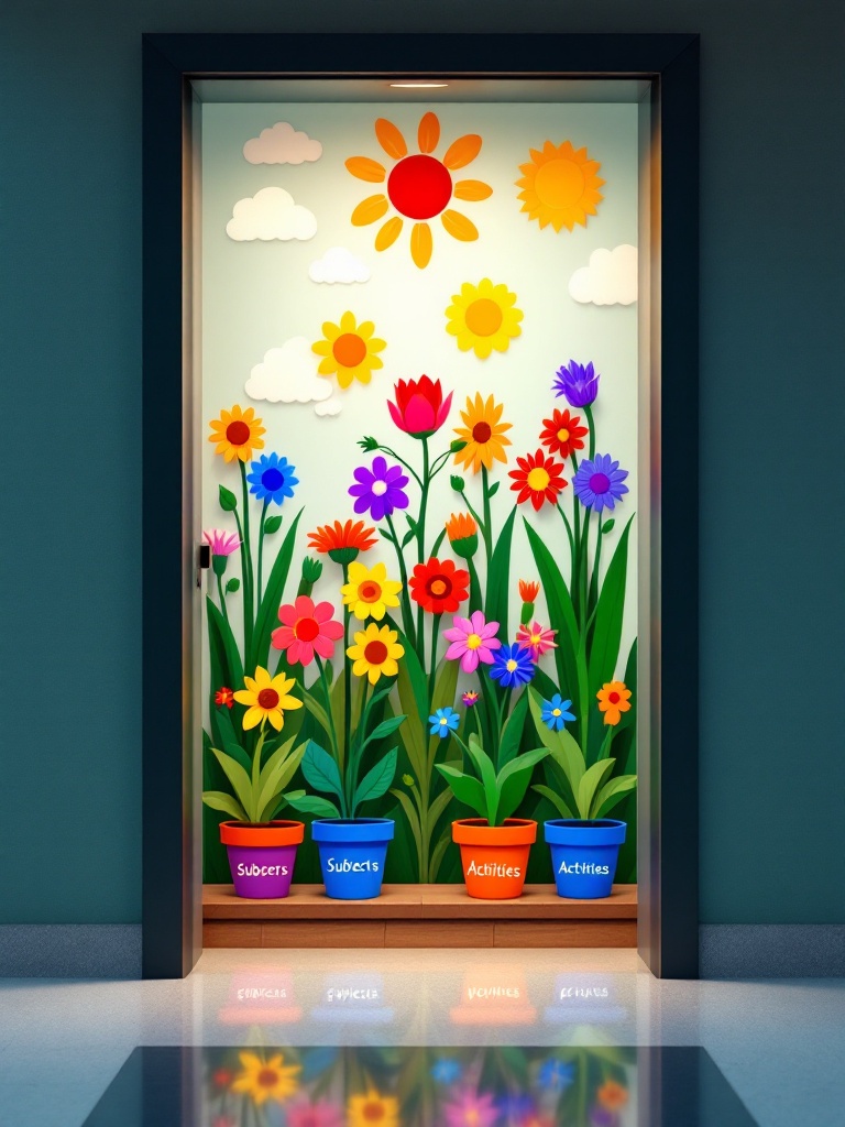 Colorful flower pots labeled with subjects, flowers sprouting, representing a garden of learning opportunities.