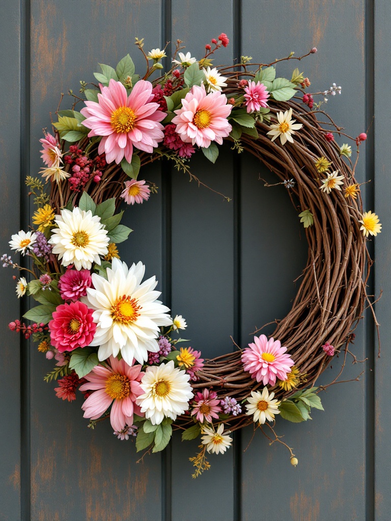 Rustic grapevine wreath adorned with artificial and dried spring flowers, showcasing vibrant colors.
