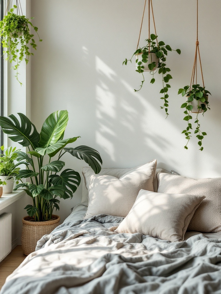 A vibrant bedroom with low-maintenance plants like succulents and snake plants, enhancing decor and air quality.